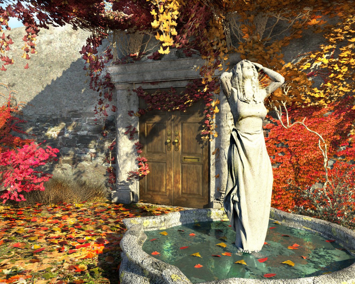 "The door in the fall," "The door leading into the autumn" in Cinema 4d corona render image