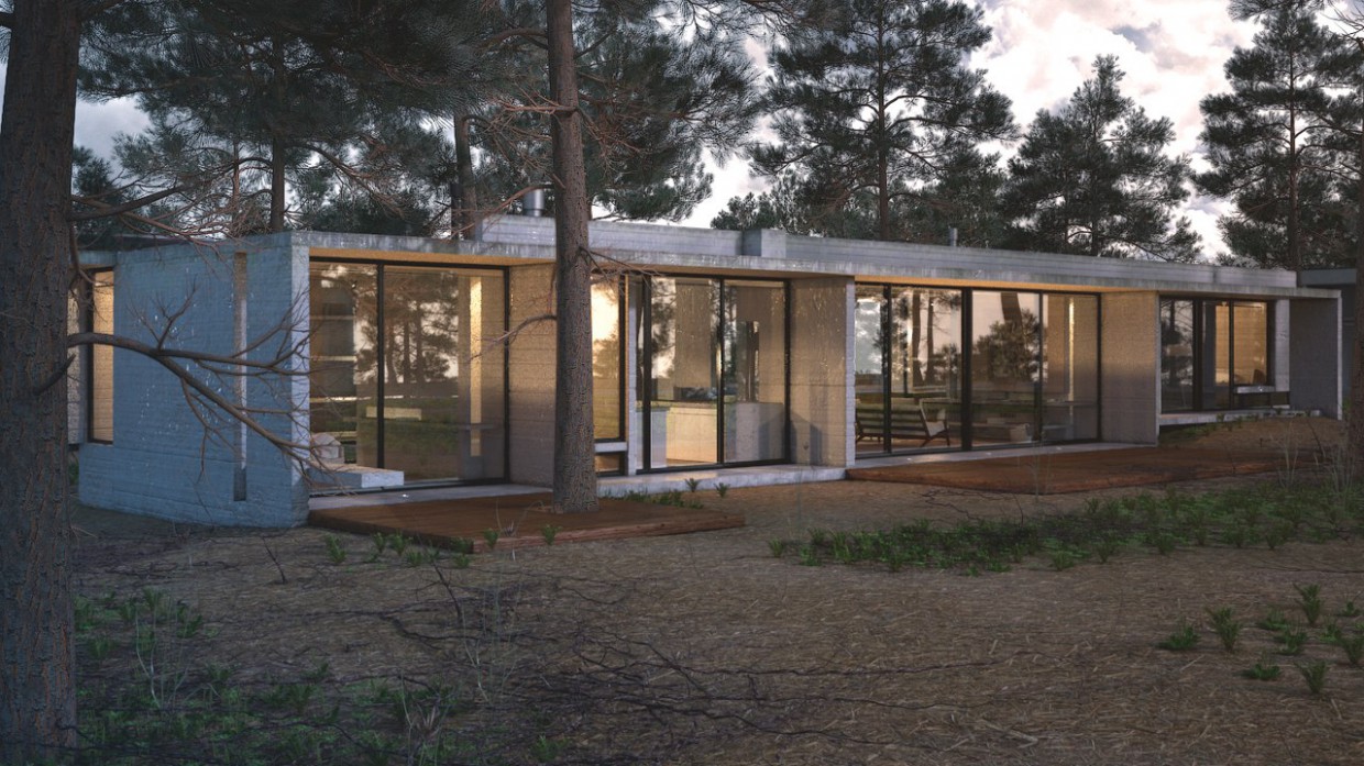 Exterior of a villa in a coniferous forest in 3d max vray image