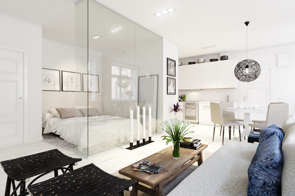 Studio apartment in a Scandinavian style in 3d max corona render image