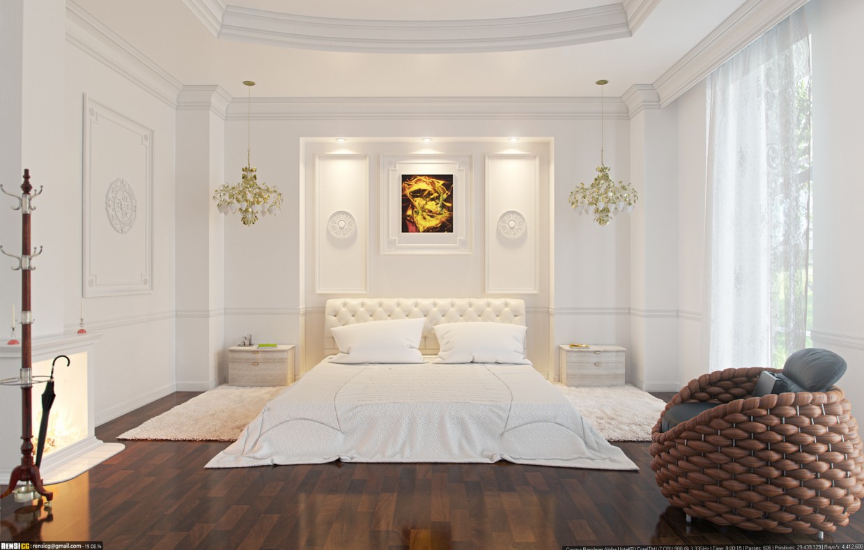 Інтер'єр спальні заміського будинку в 3d max corona render зображення