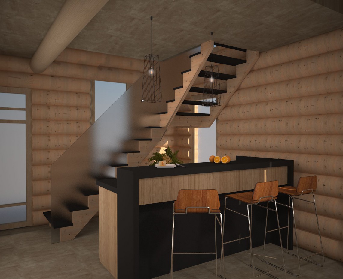 Sala de estar combinada com uma cozinha em 3d max vray imagem