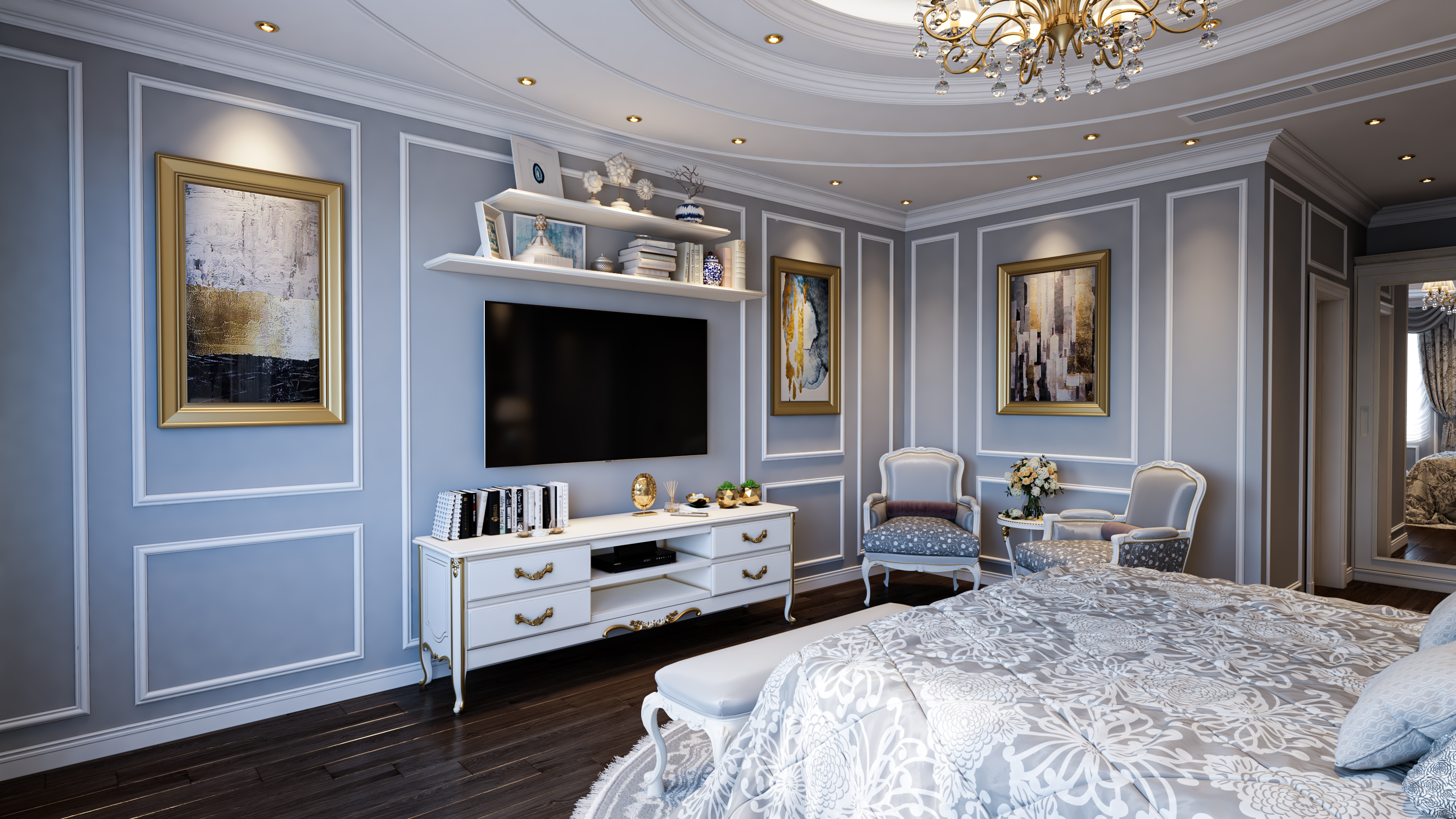 imagen de Dormitorio principal gris y blanco en 3d max vray 3.0