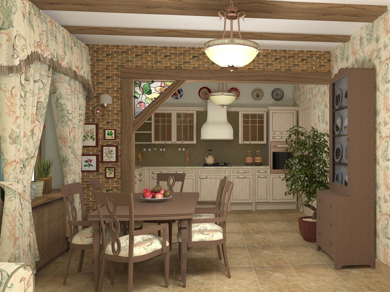 The living-dining room in a country house in 3d max vray image