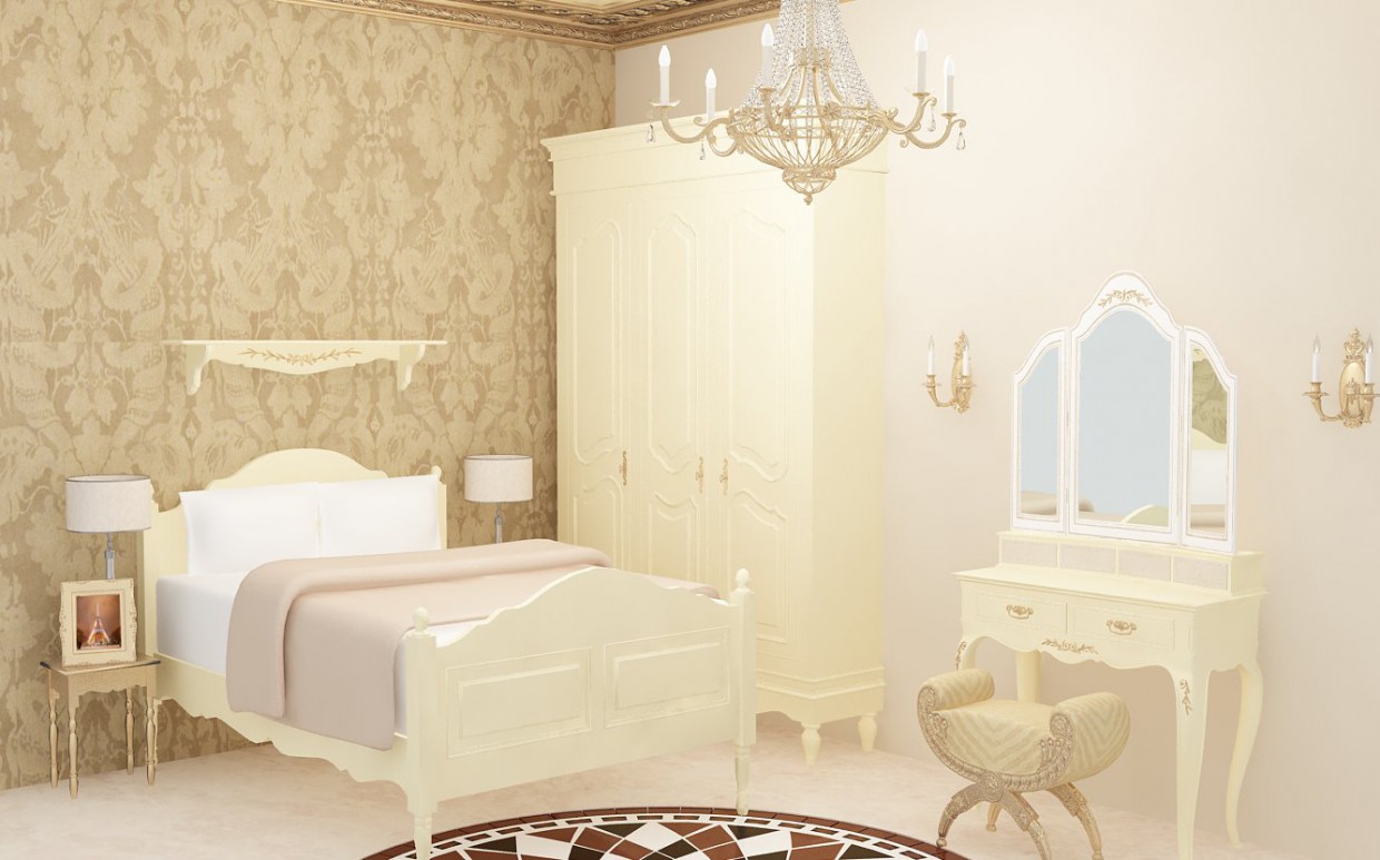 Crema classica & oro camera da letto in 3d max vray immagine