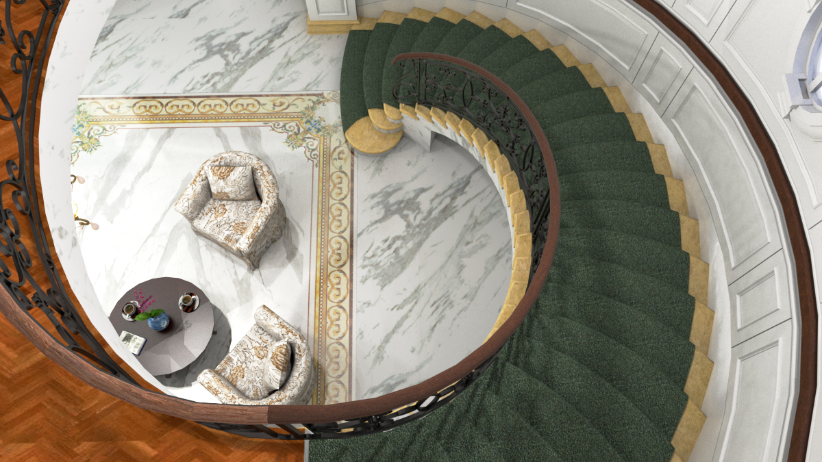 एक मुड़ सीढ़ी के साथ रहने का कमरा SketchUp vray 3.0 में प्रस्तुत छवि