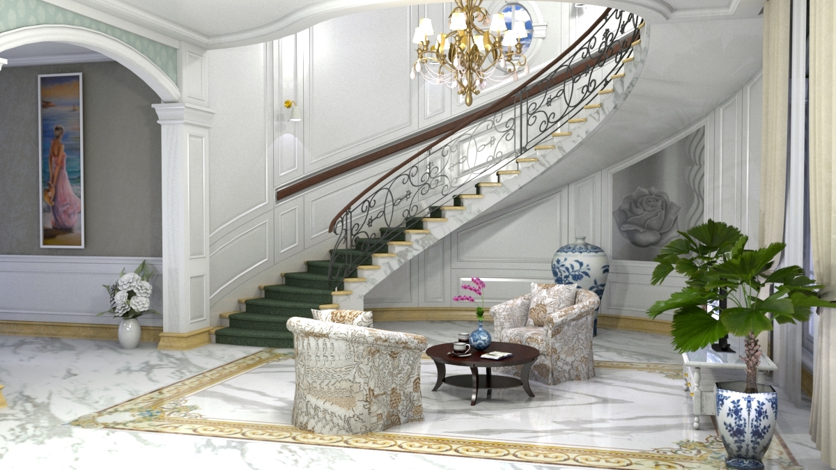 imagen de Sala de estar con una escalera torcida en SketchUp vray 3.0