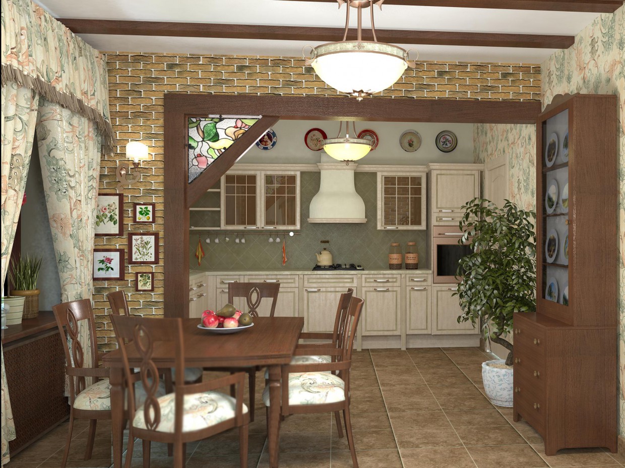 Küche-Wohnzimmer in einem Landhaus in 3d max vray Bild