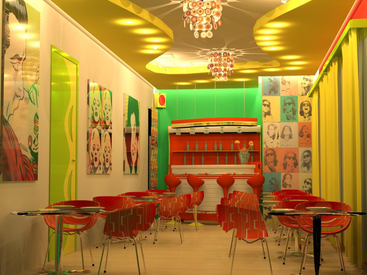 Cafe in the style of pop art in 3d max mental ray image