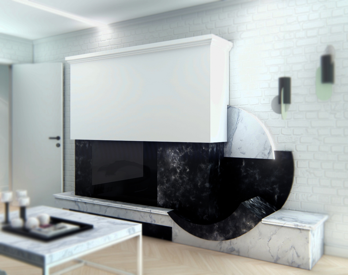 एक छोटे से अपार्टमेंट में आधुनिक शैली की चिमनी। 3d max mental ray में प्रस्तुत छवि