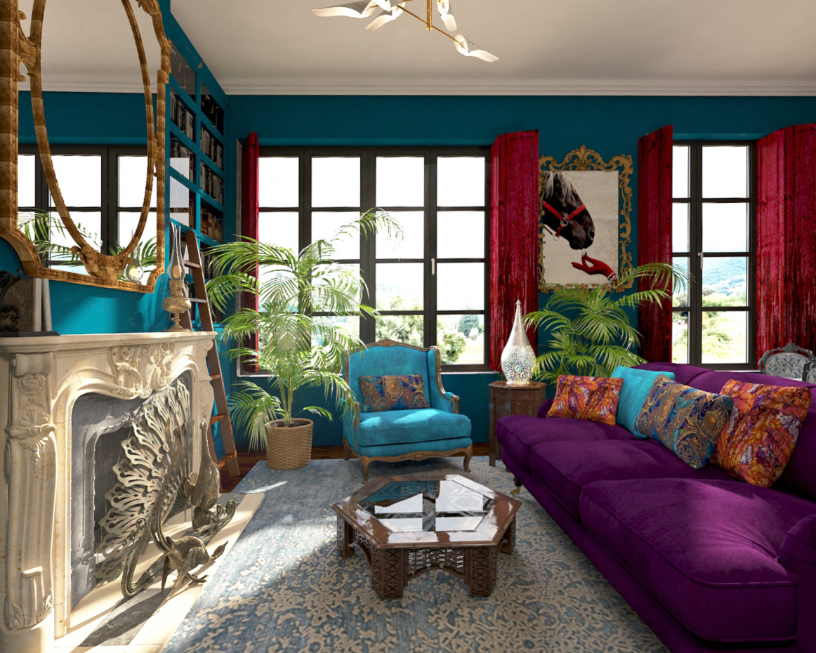 Bohemian boho style living room kitchen in 3d max vray 3.0 image