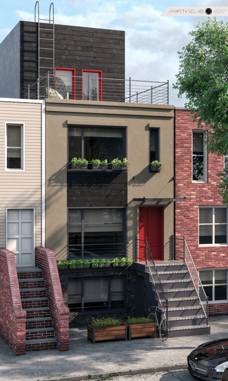 ब्रुकलिन में घर का दृश्य 3d max corona render में प्रस्तुत छवि