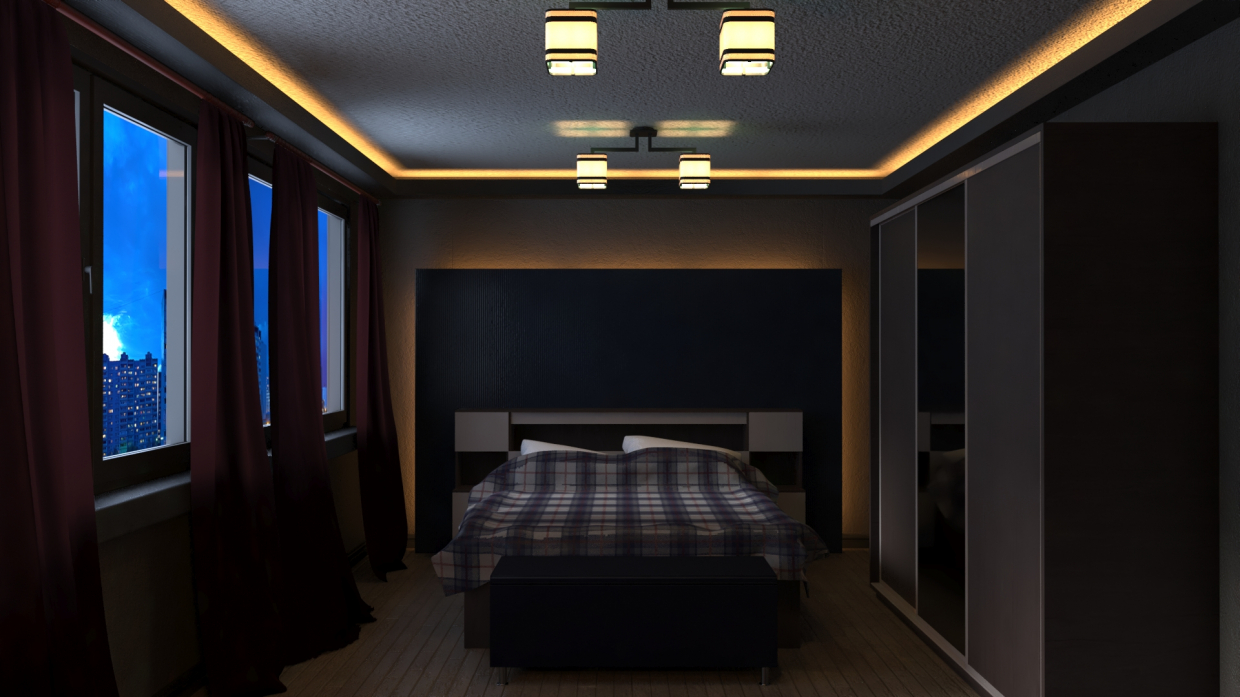 Спальня в світлі нічного міста в 3d max vray 3.0 зображення