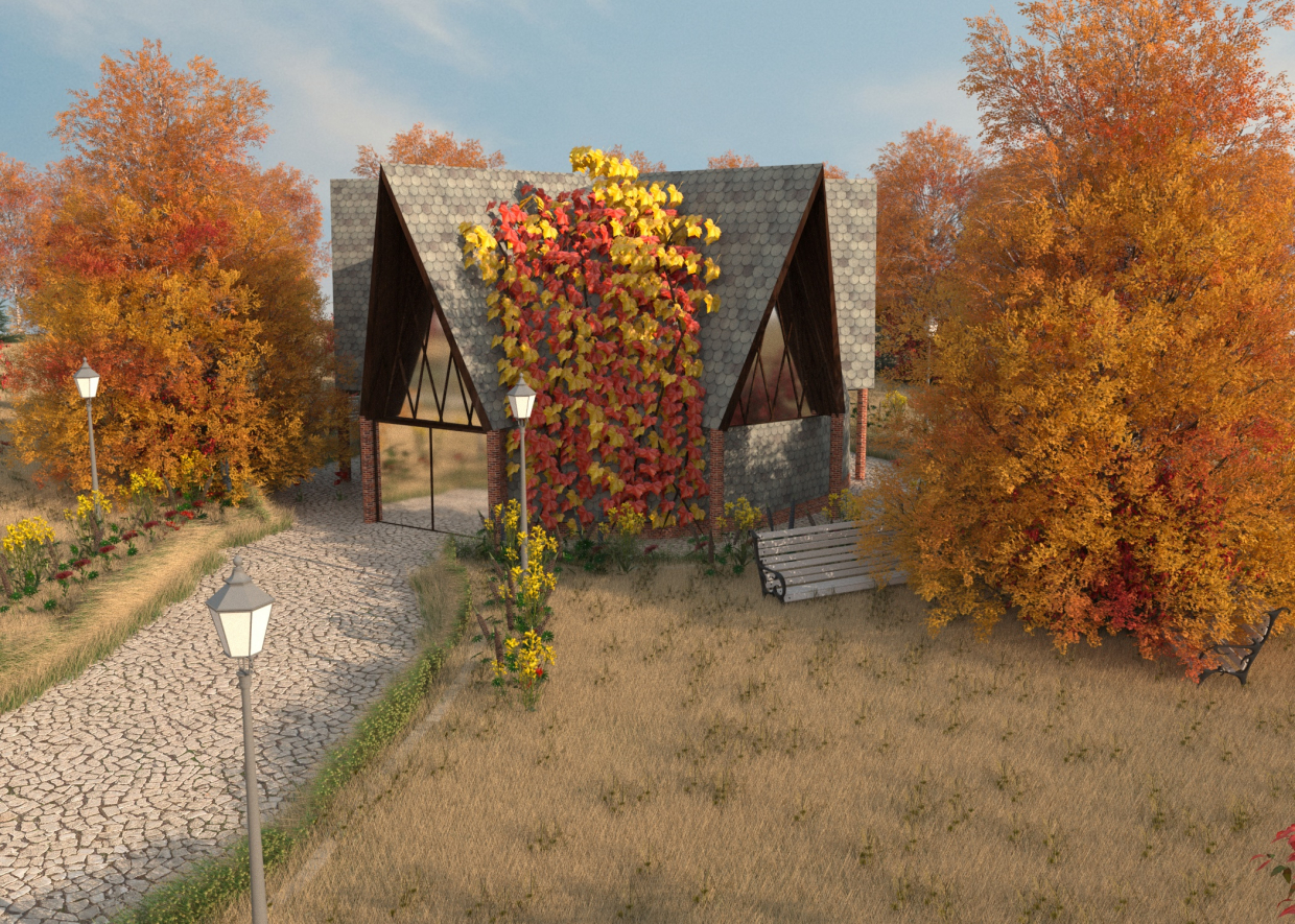 Kuppelhaus im Herbst in 3d max corona render Bild