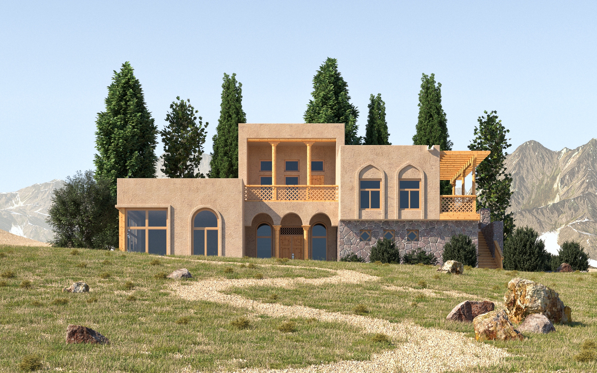 ताजिकिस्तान की पारंपरिक वास्तुकला 3d max corona render में प्रस्तुत छवि