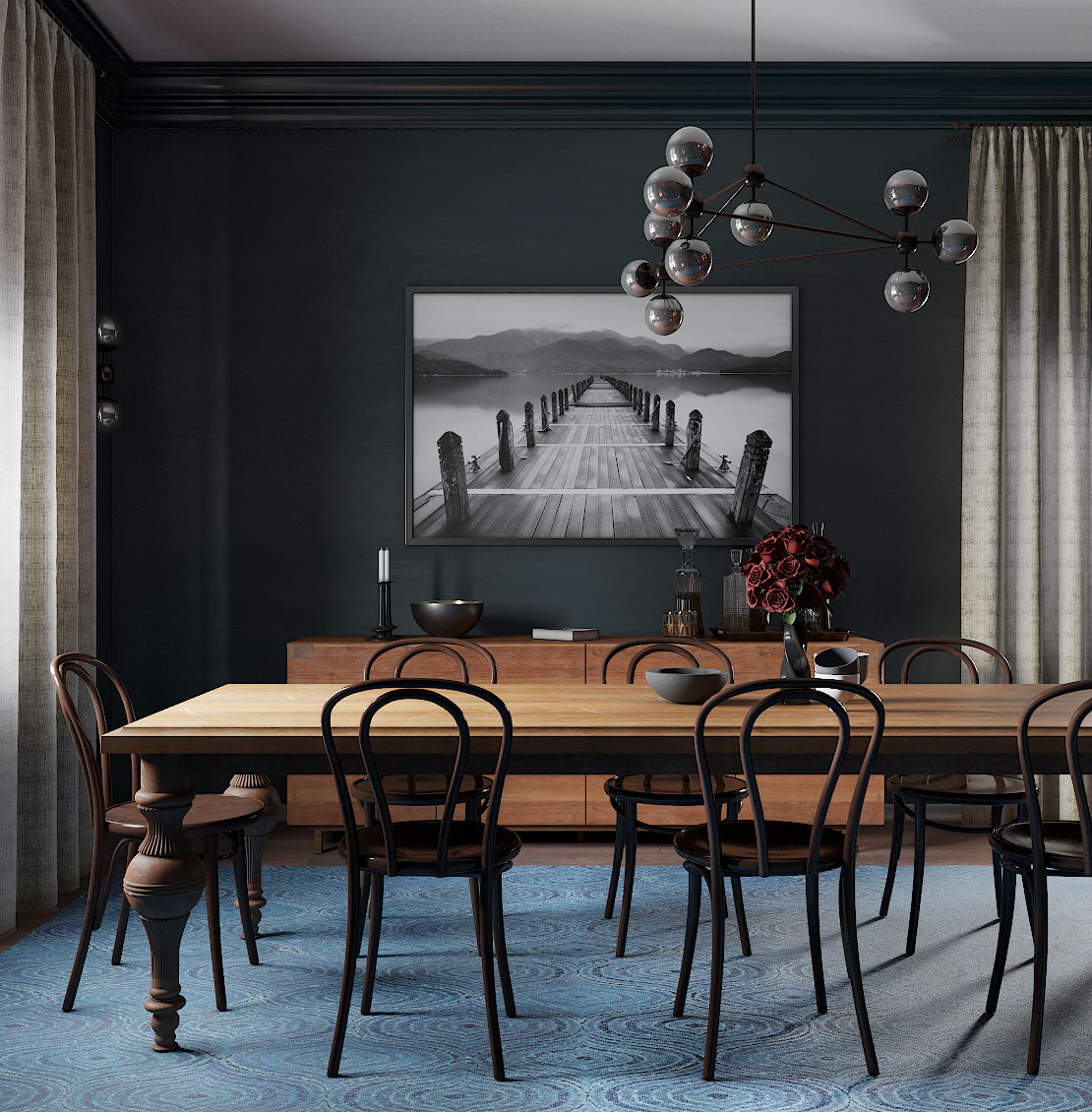 Karanlık yemek odası in 3d max corona render resim