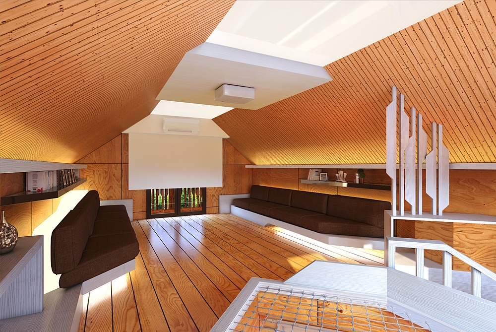 एक आधुनिक लकड़ी का घर। आंतरिक और बाहरी 3d max corona render में प्रस्तुत छवि