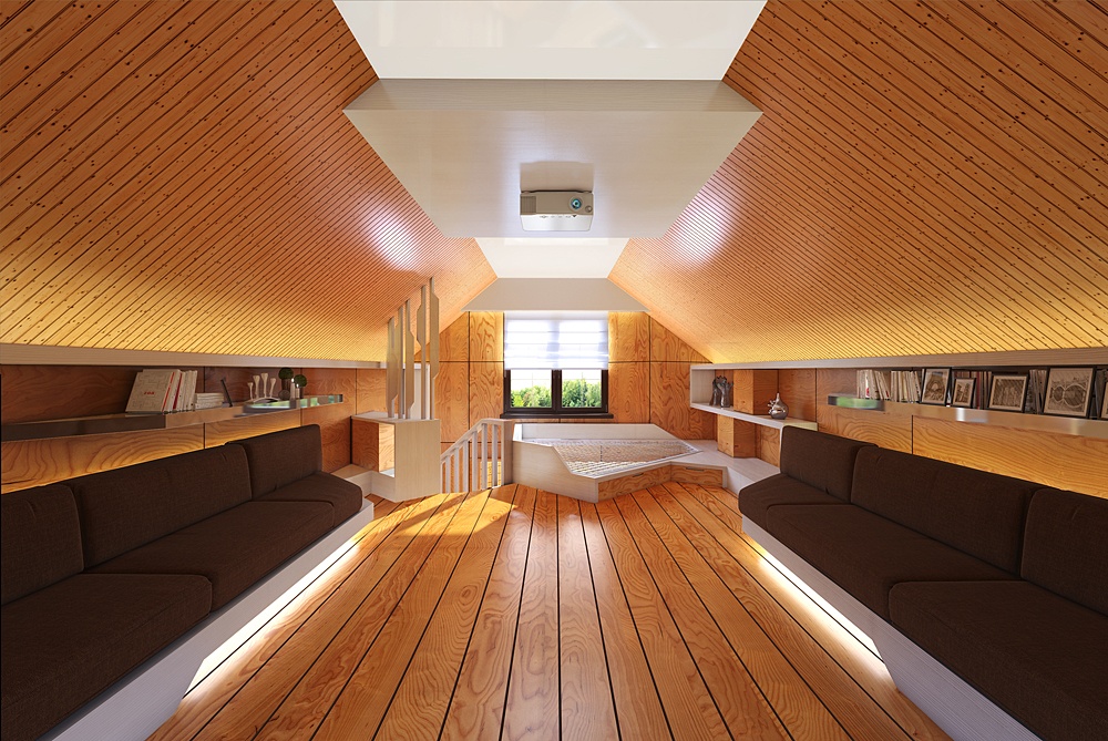 Ein modernes Holzhaus. Innen und außen in 3d max corona render Bild