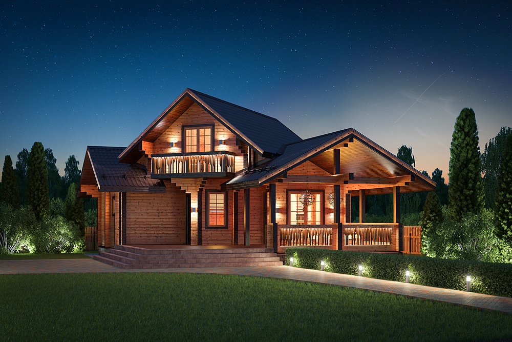 Современный деревянный дом. Интерьер и экстерьер в 3d max corona render изображение