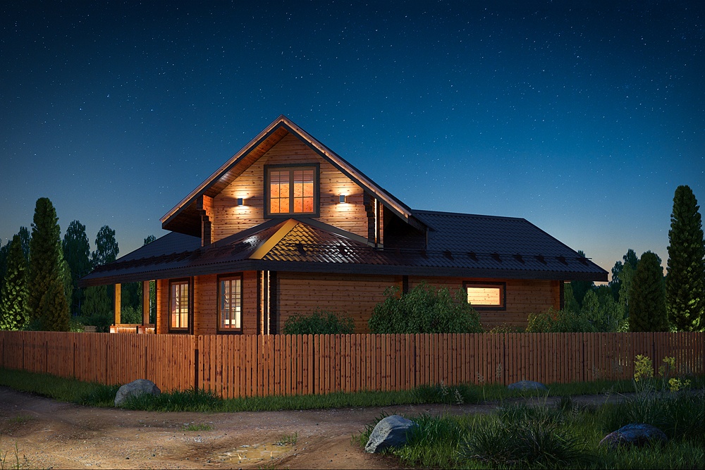 Ein modernes Holzhaus. Innen und außen in 3d max corona render Bild