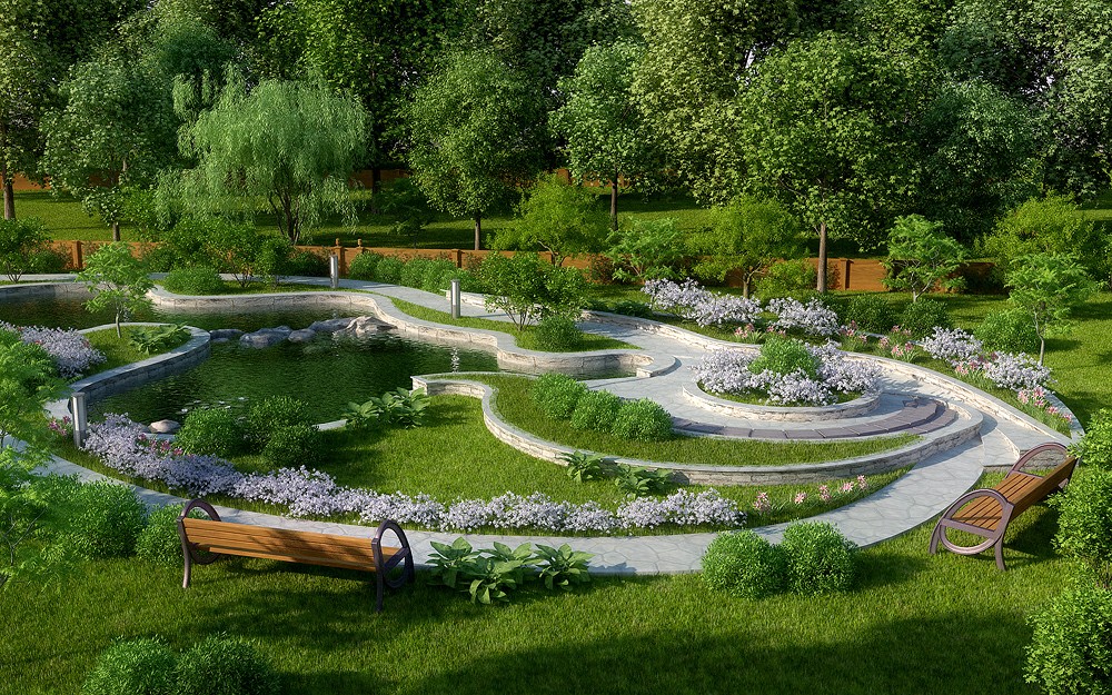 Landschaftsgestaltung im Millennium Park in Blender corona render Bild