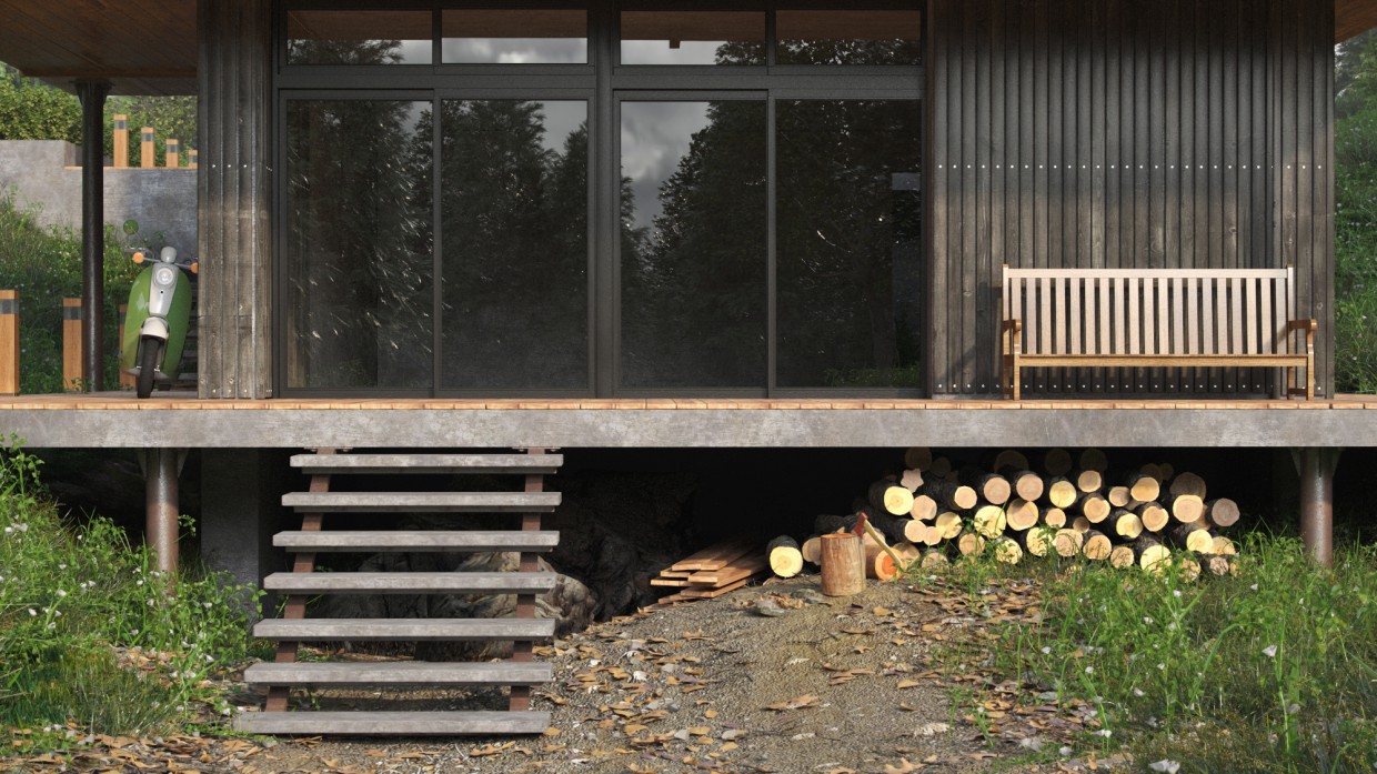 एक वन में घर 3d max corona render में प्रस्तुत छवि