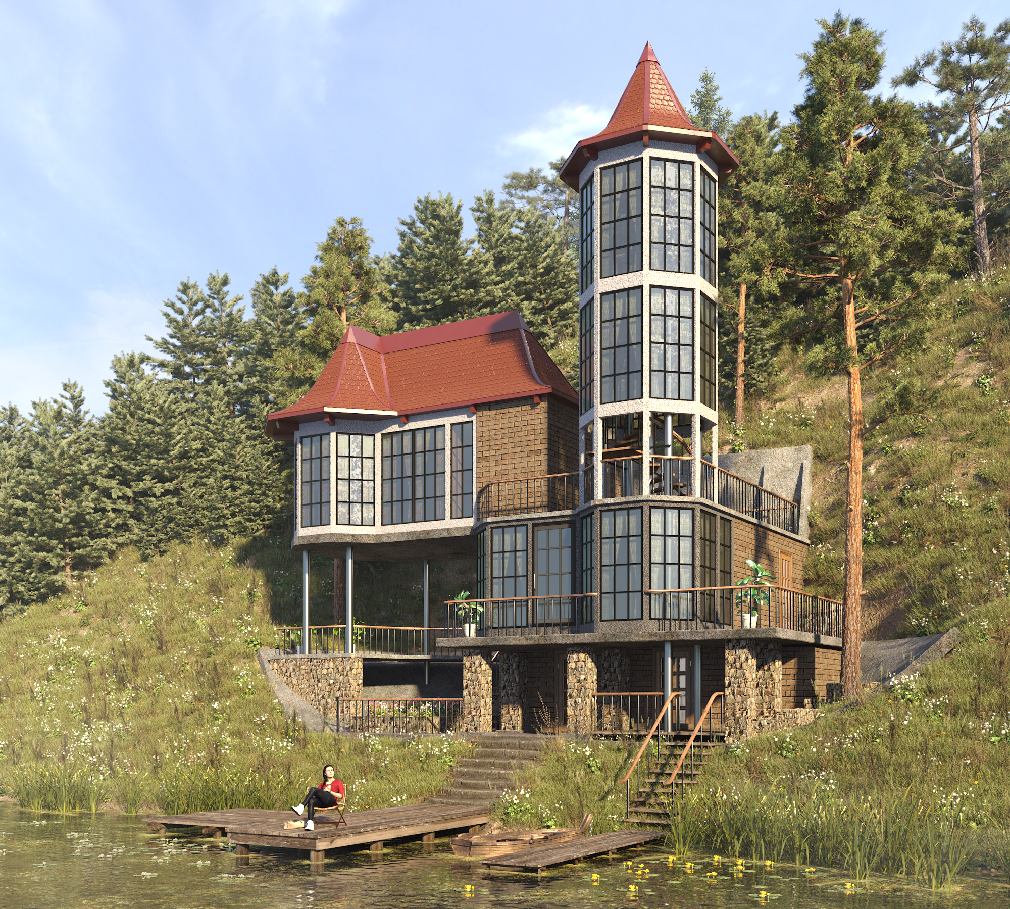 Casa de campo pelo rio em 3d max corona render imagem