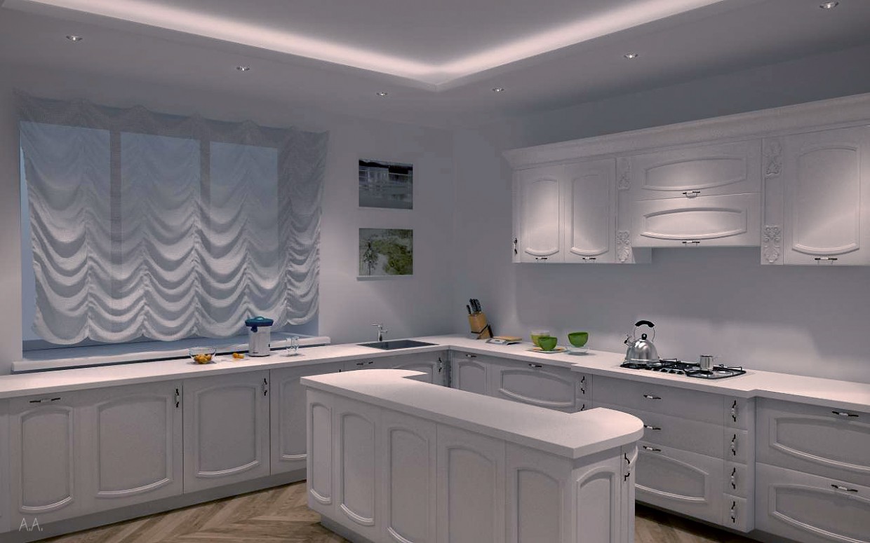 Белая кухня в 3d max vray изображение
