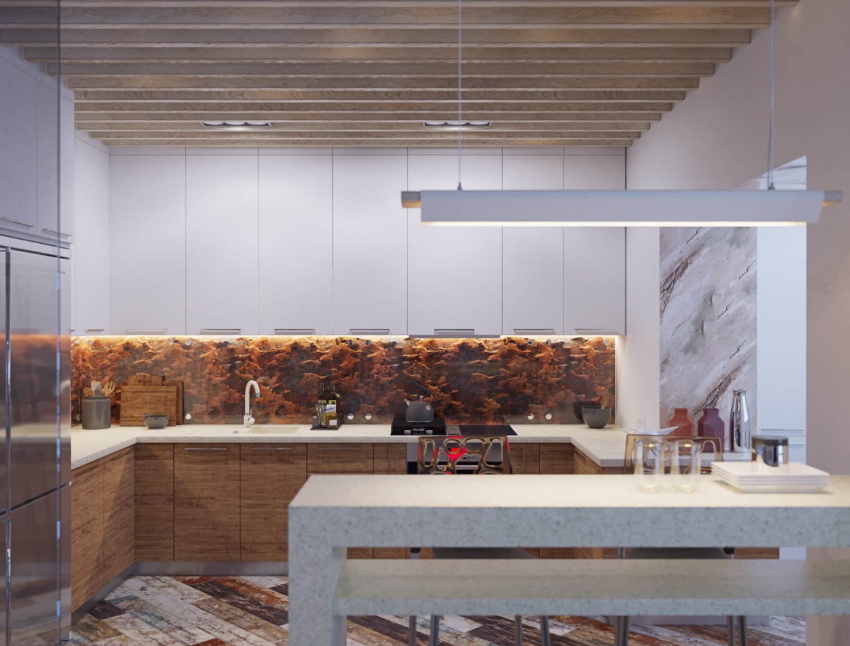 रसोई घर स्टूडियो 3d max corona render में प्रस्तुत छवि