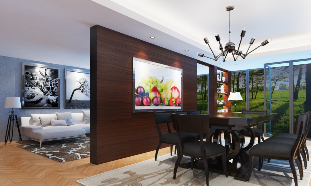 imagen de sala de estar con zona de comedor en 3d max vray