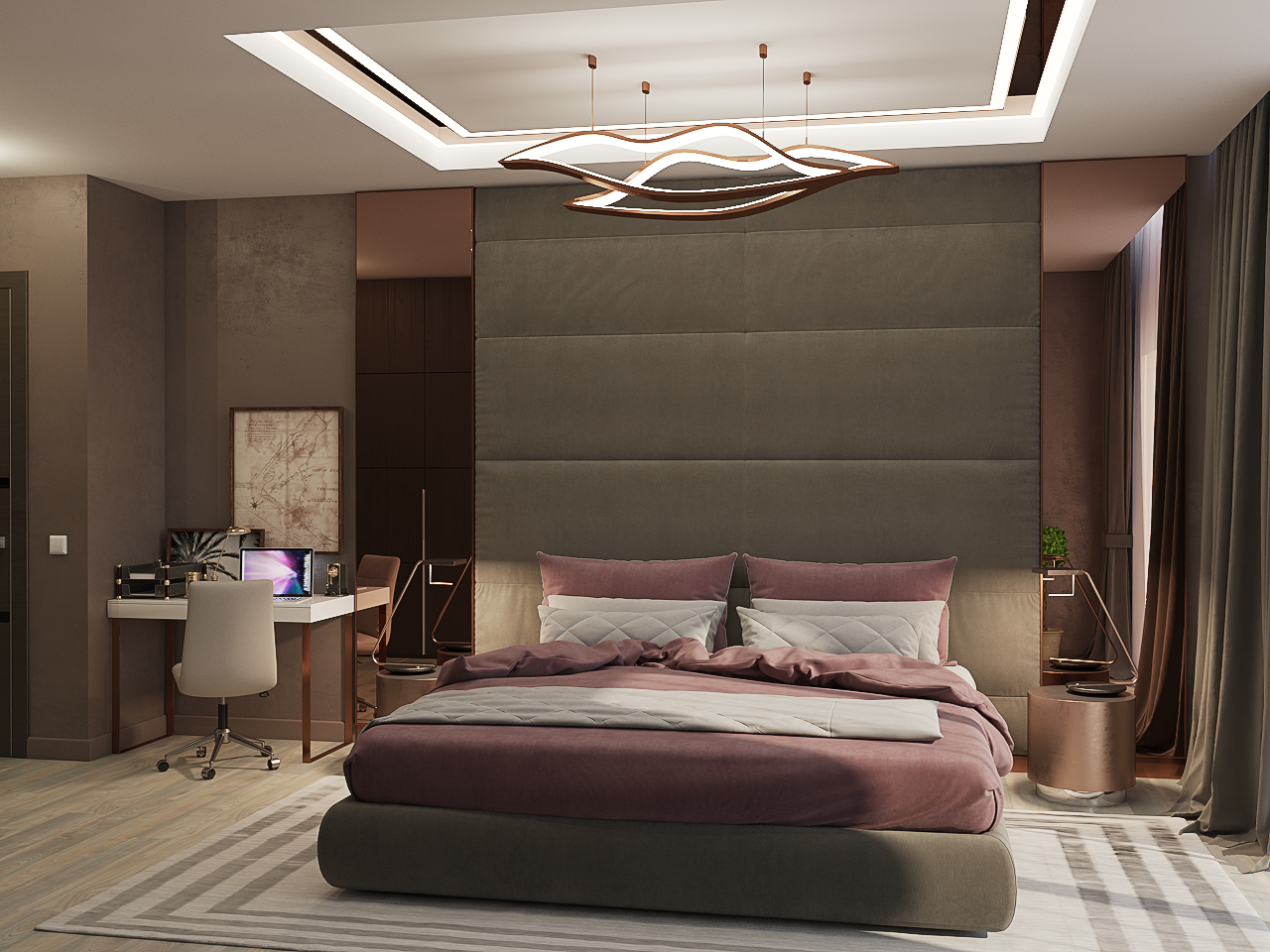होटल शैली में बेडरूम 3d max vray 3.0 में प्रस्तुत छवि