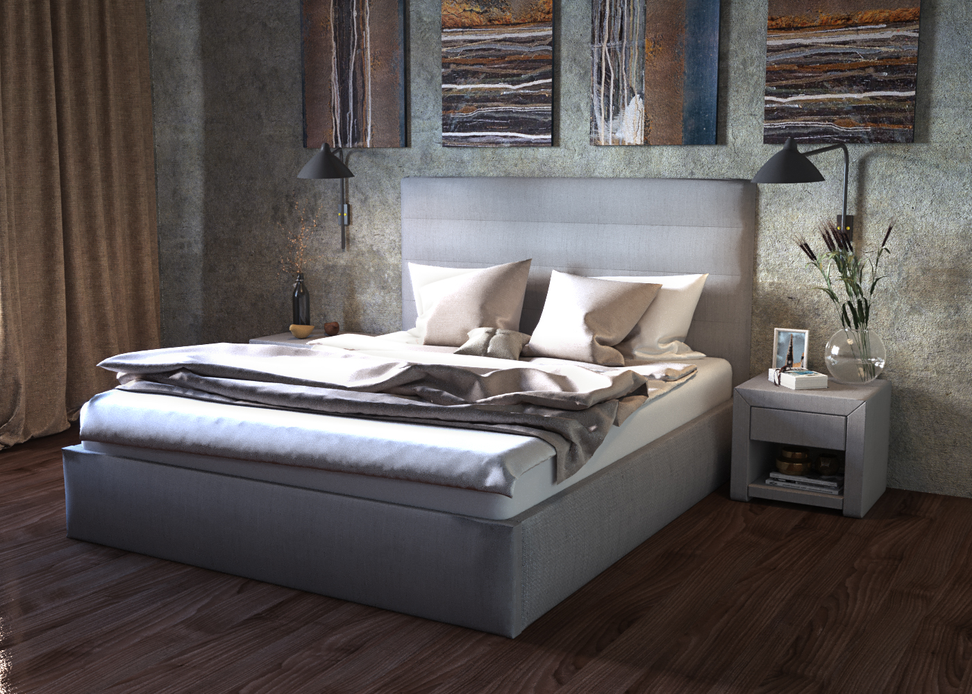 Yatak ve başucu masaları "Opal" in 3d max corona render resim