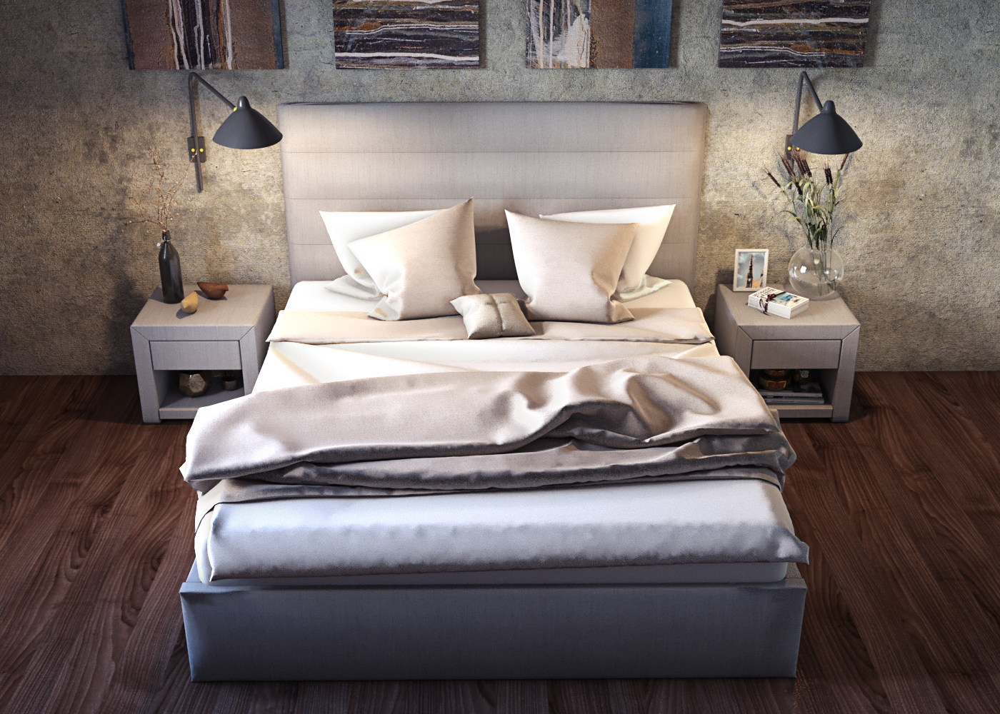 Yatak ve başucu masaları "Opal" in 3d max corona render resim