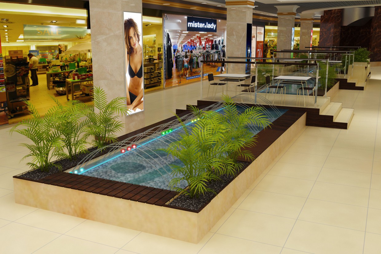 Fluss mit einem Fontain in einem Einkaufszentrum in 3d max vray Bild