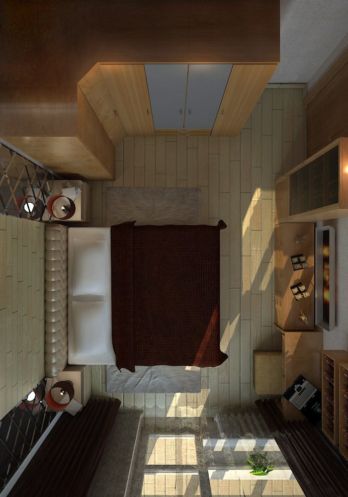 imagen de dormitorio vista desde arriba en 3d max vray 3.0