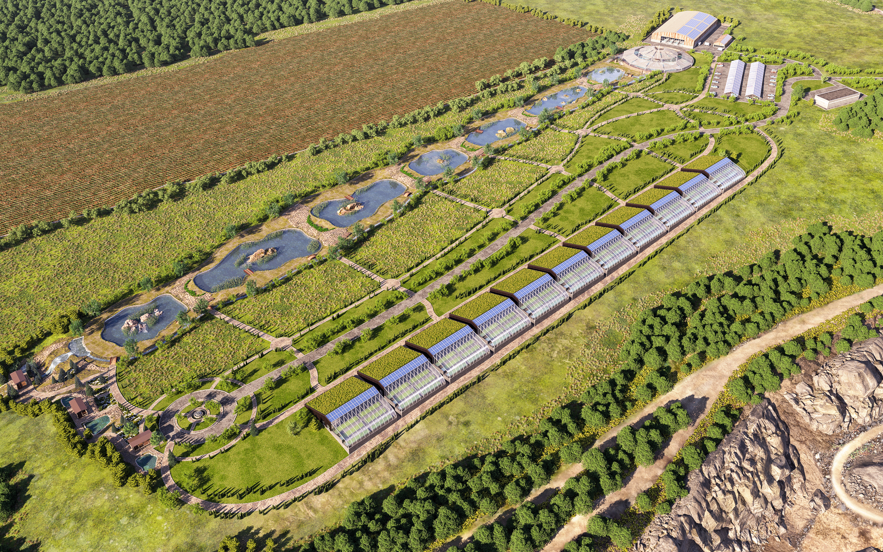 imagen de ECOFERMA en un área de 14.5 hectáreas en 3d max corona render