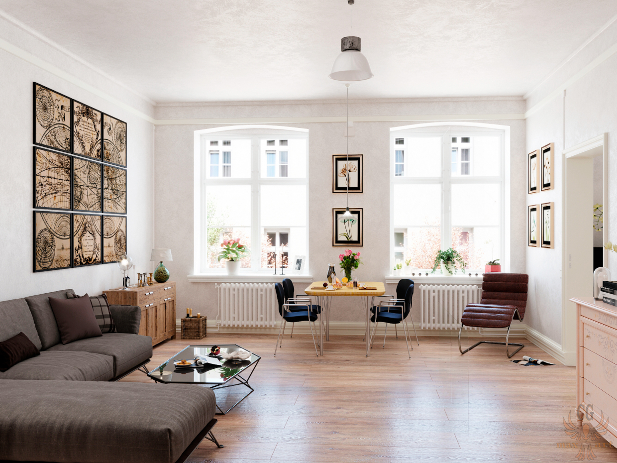Aydınlık oturma odası in 3d max corona render resim
