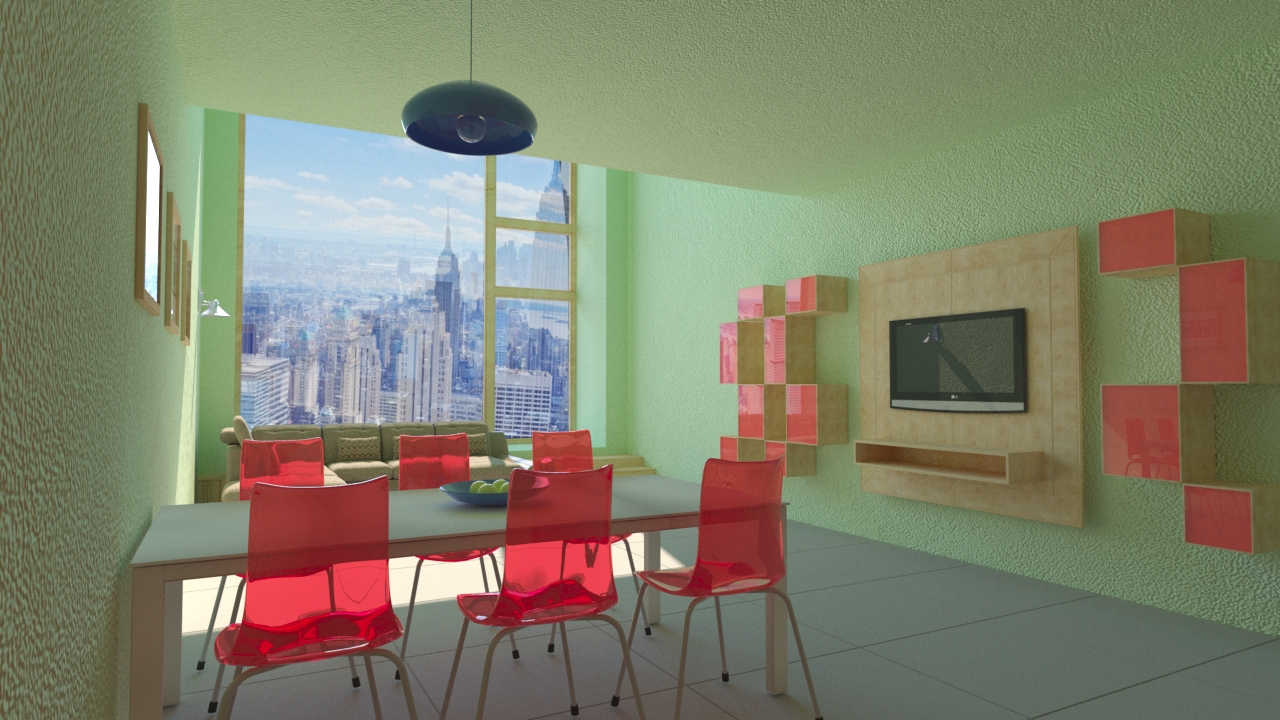 न्यूयॉर्क में एक अपार्टमेंट के इंटीरियर 3d max corona render में प्रस्तुत छवि