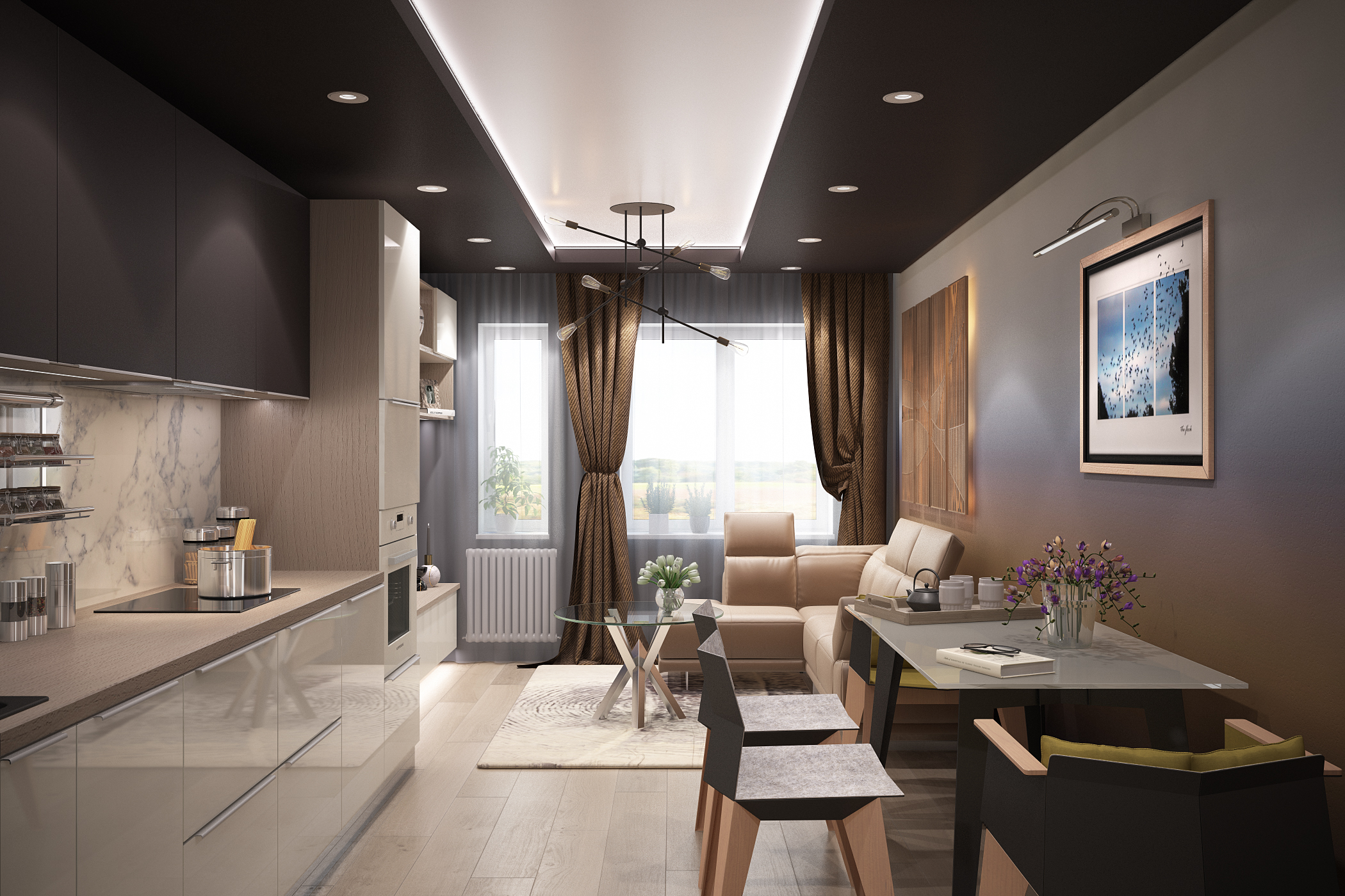 रसोई घर और रहने वाले कमरे 3d max vray 3.0 में प्रस्तुत छवि