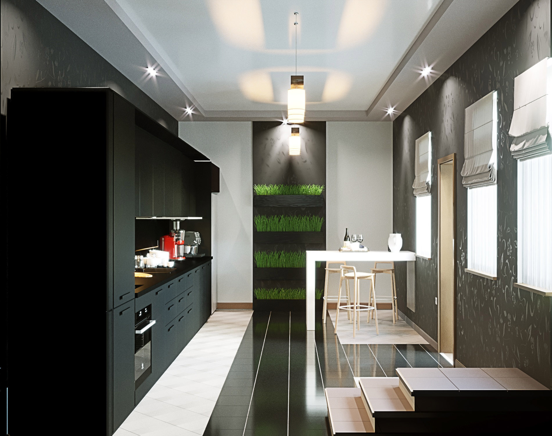 imagen de cocina blanco y negro en ArchiCAD corona render