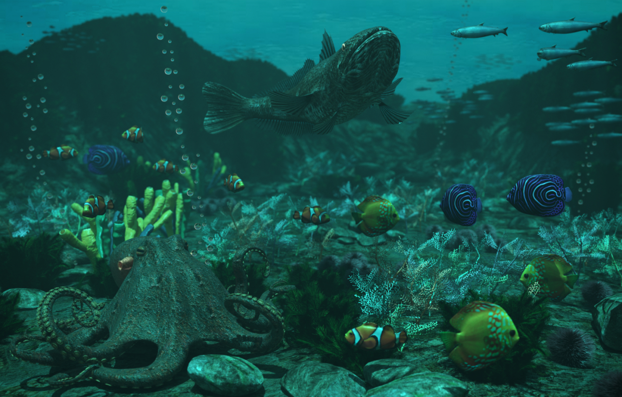 पानी के नीचे दुनिया 3d max corona render में प्रस्तुत छवि