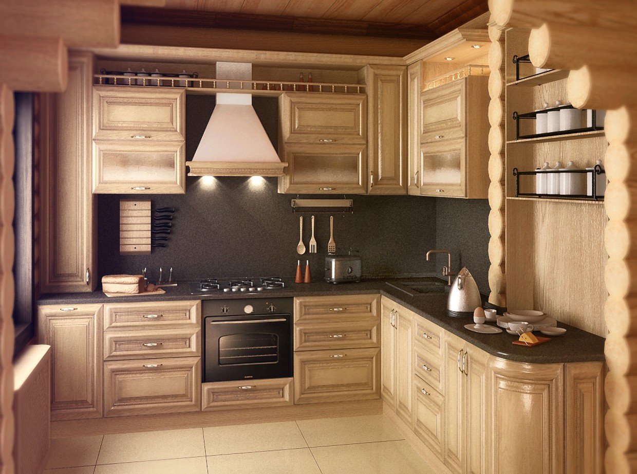 La cucina nella casa di tronchi in 3d max vray immagine