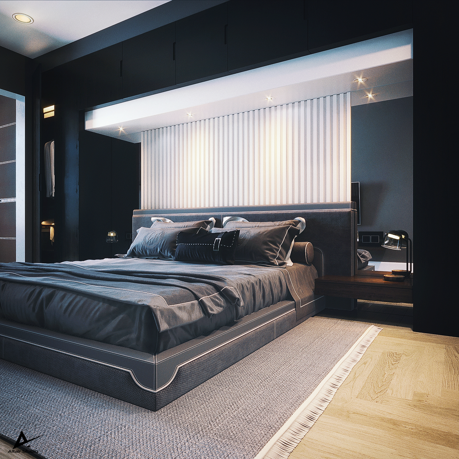 Modernes dunkles Schlafzimmer in 3d max corona render Bild