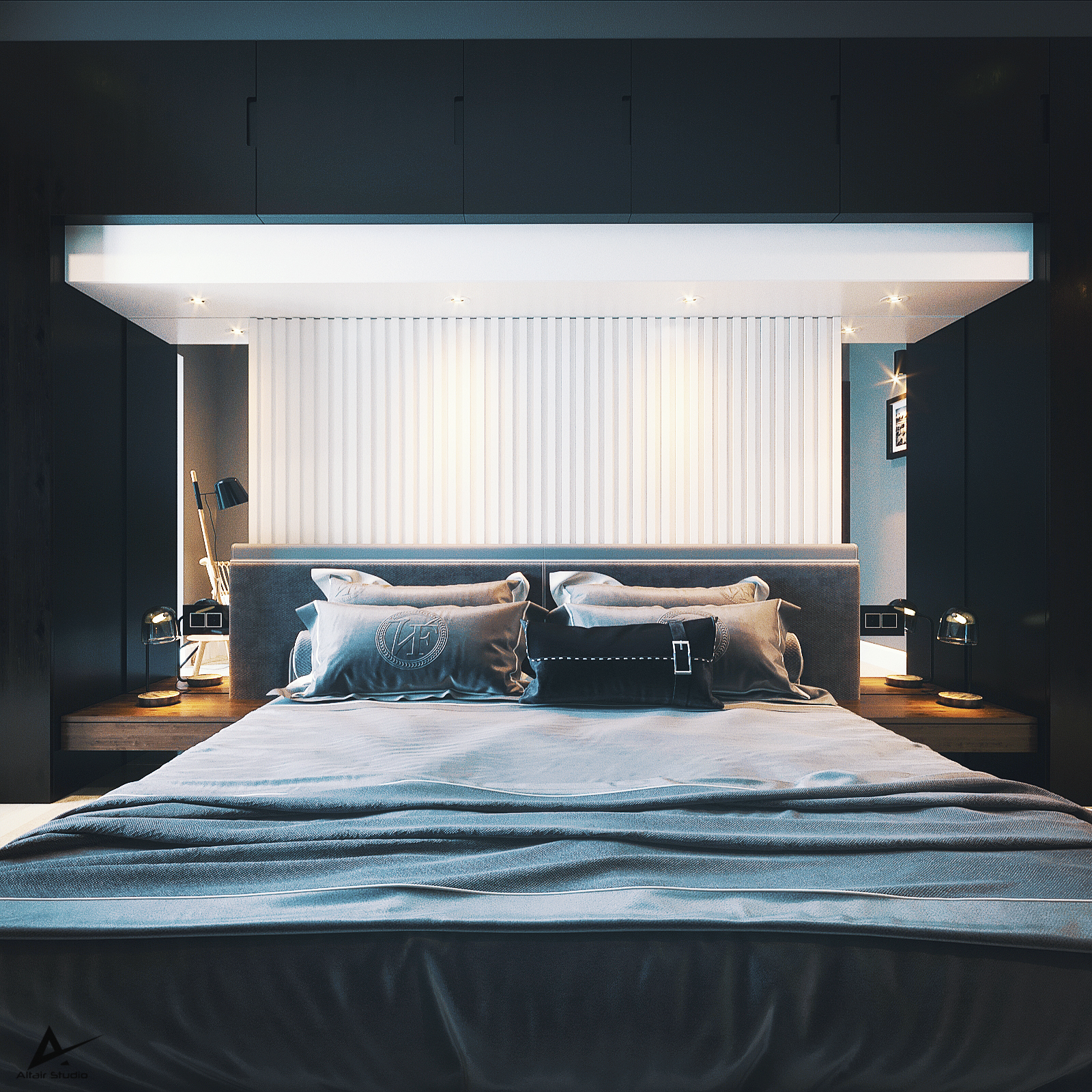 Современная темная спальня в 3d max corona render изображение