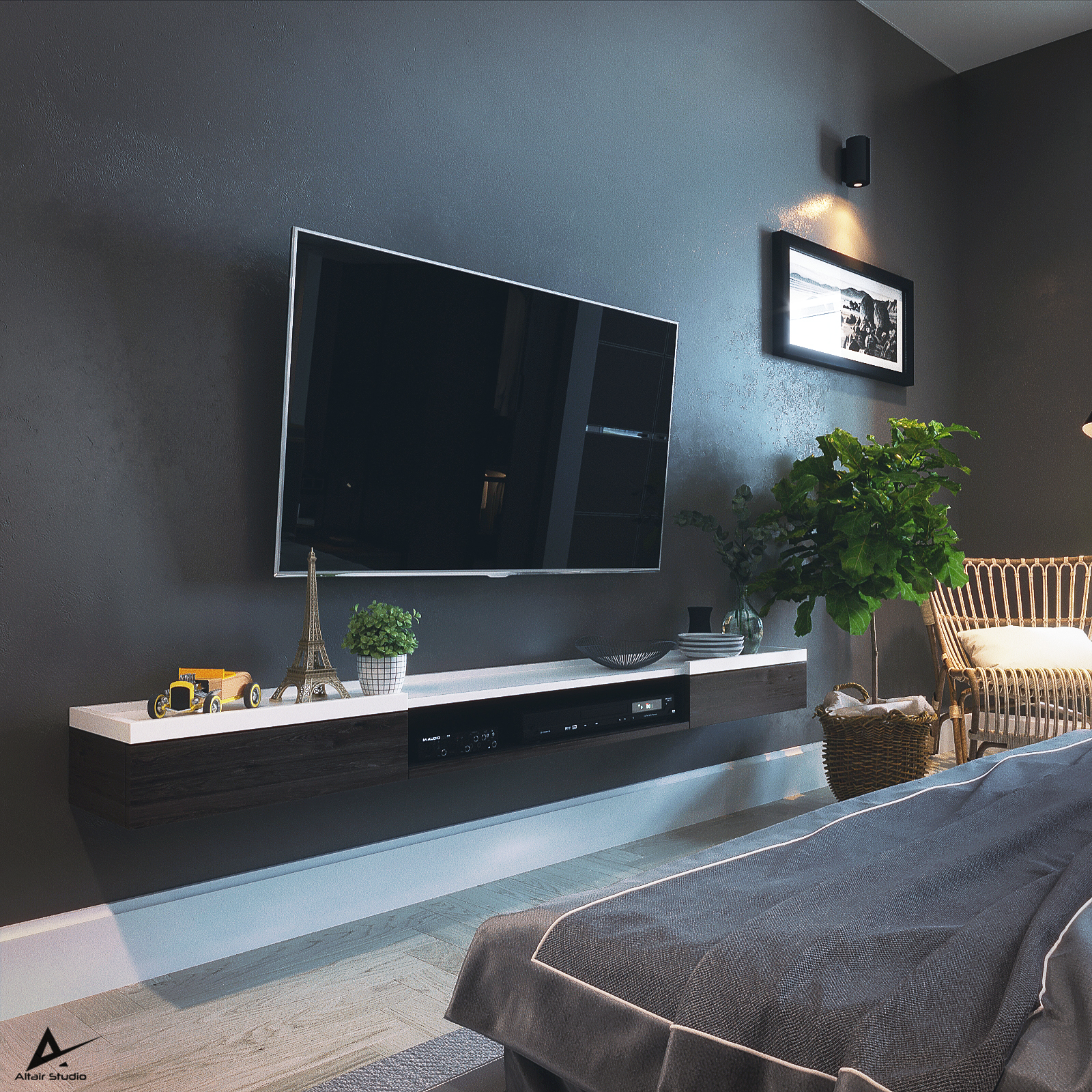 Сучасна темна спальня в 3d max corona render зображення