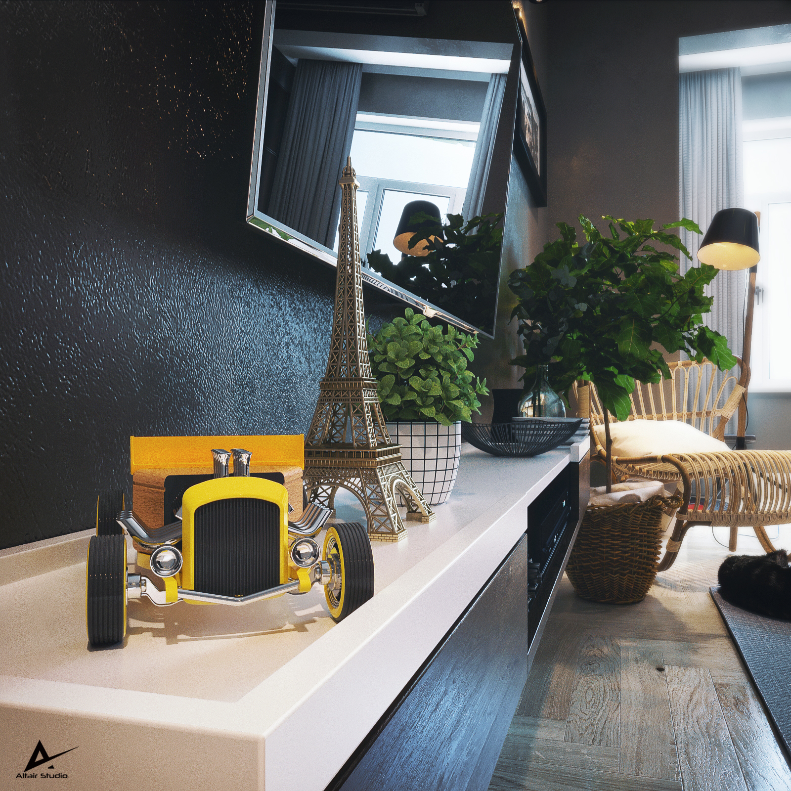 Modern Karanlık Yatak Odası in 3d max corona render resim