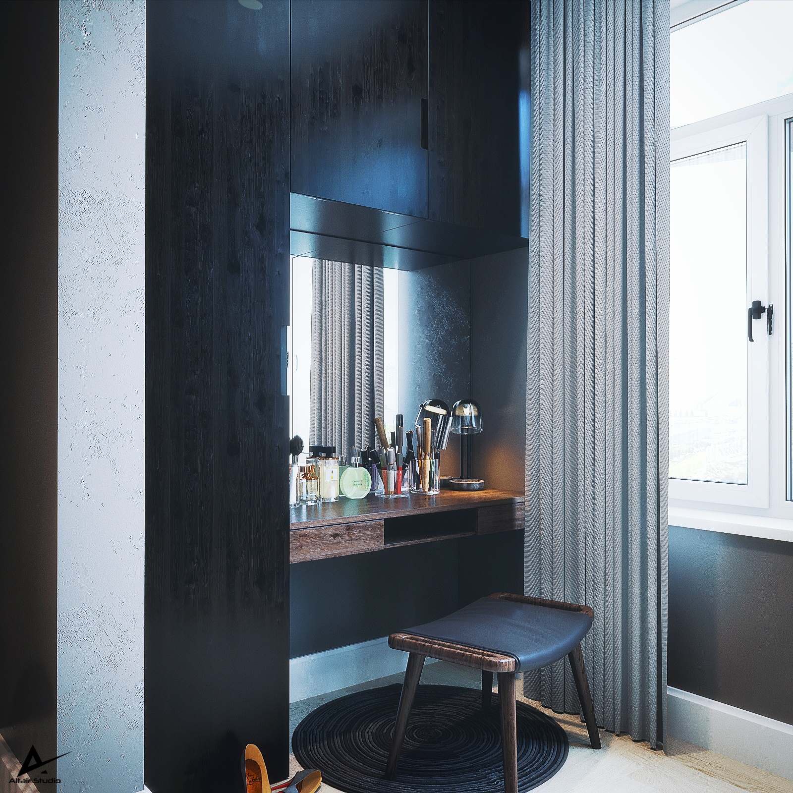 Modernes dunkles Schlafzimmer in 3d max corona render Bild
