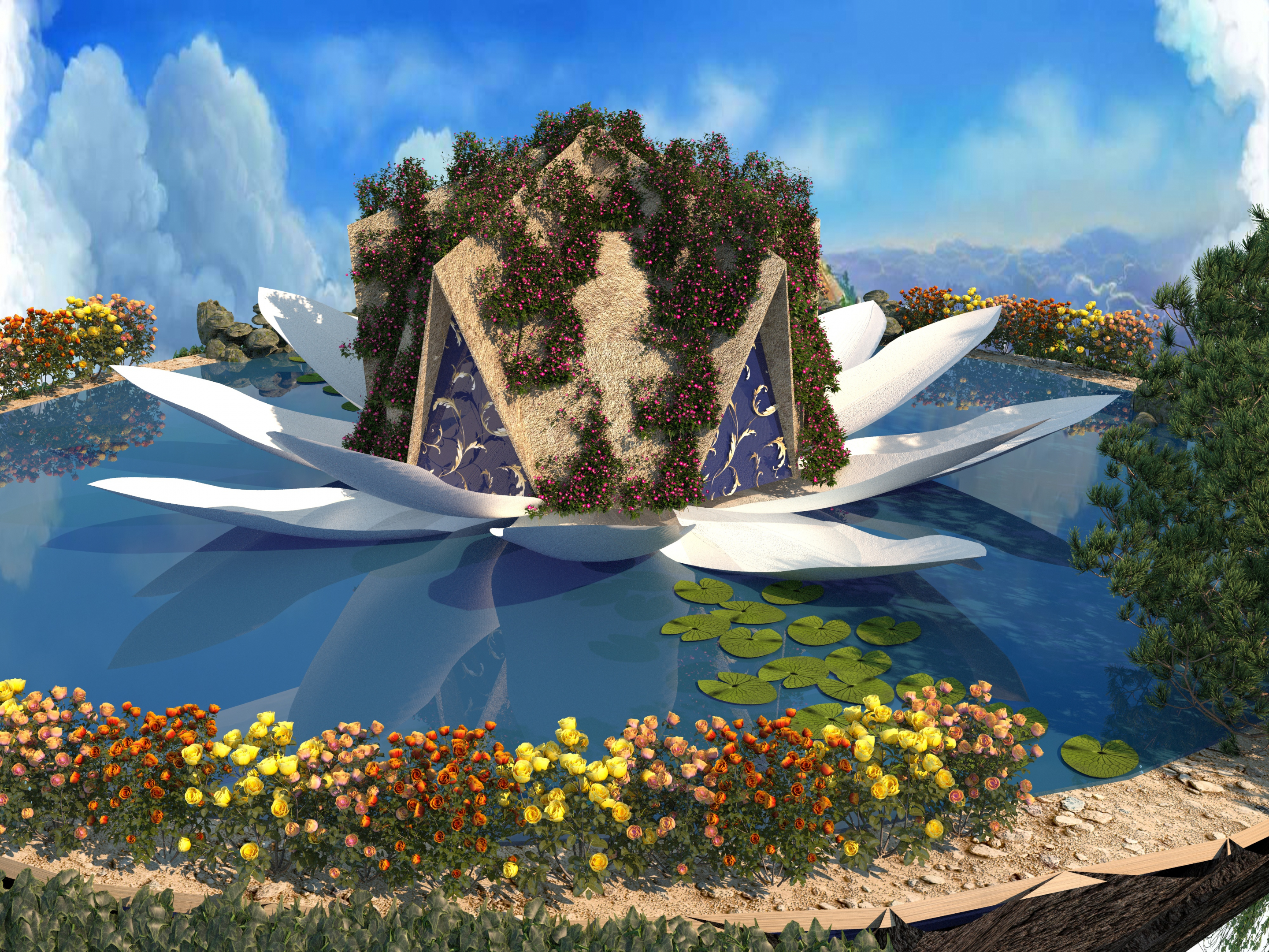 एक तैरते हुए द्वीप पर बना हुआ घर 3d max corona render में प्रस्तुत छवि