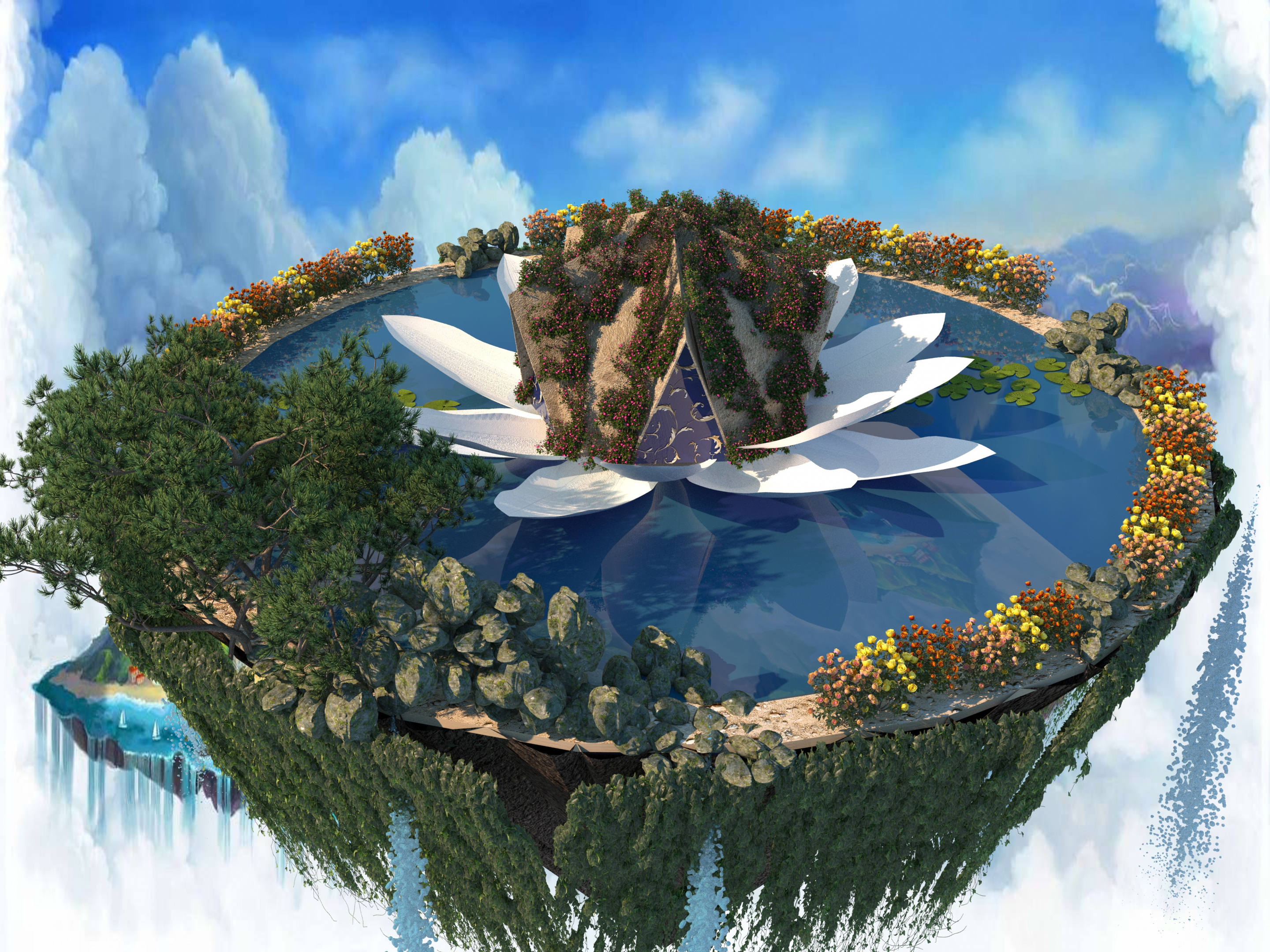 Casa abobadada em uma ilha flutuante em 3d max corona render imagem