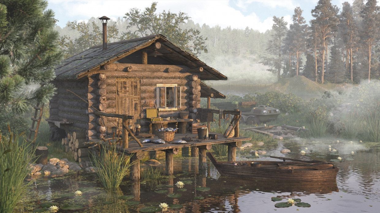 Рыбацкий домик на озере в 3d max corona render изображение