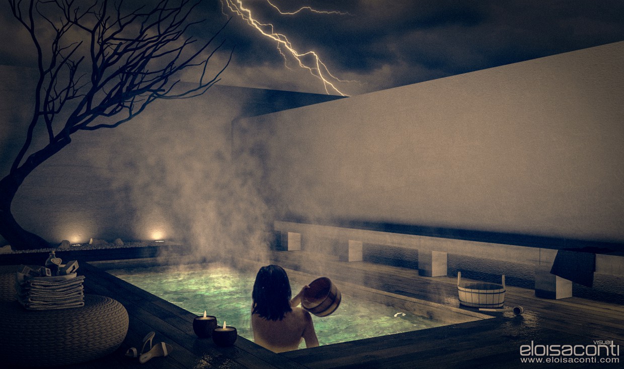 शीतकालीन थर्मल स्नान... Cinema 4d vray में प्रस्तुत छवि